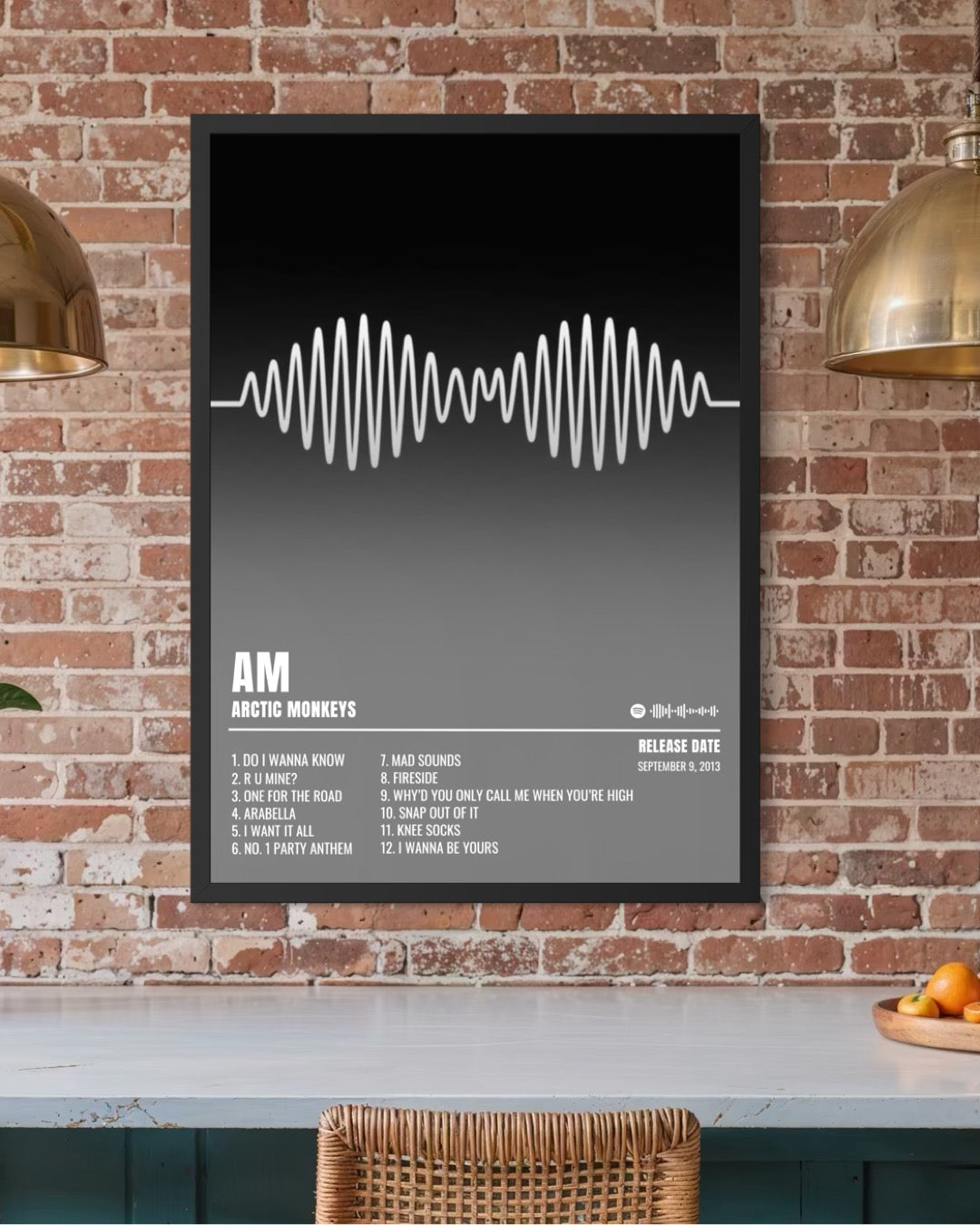 Black-framed arctic monkeys am album poster with white audio waveform and tracklist in gradient edition style