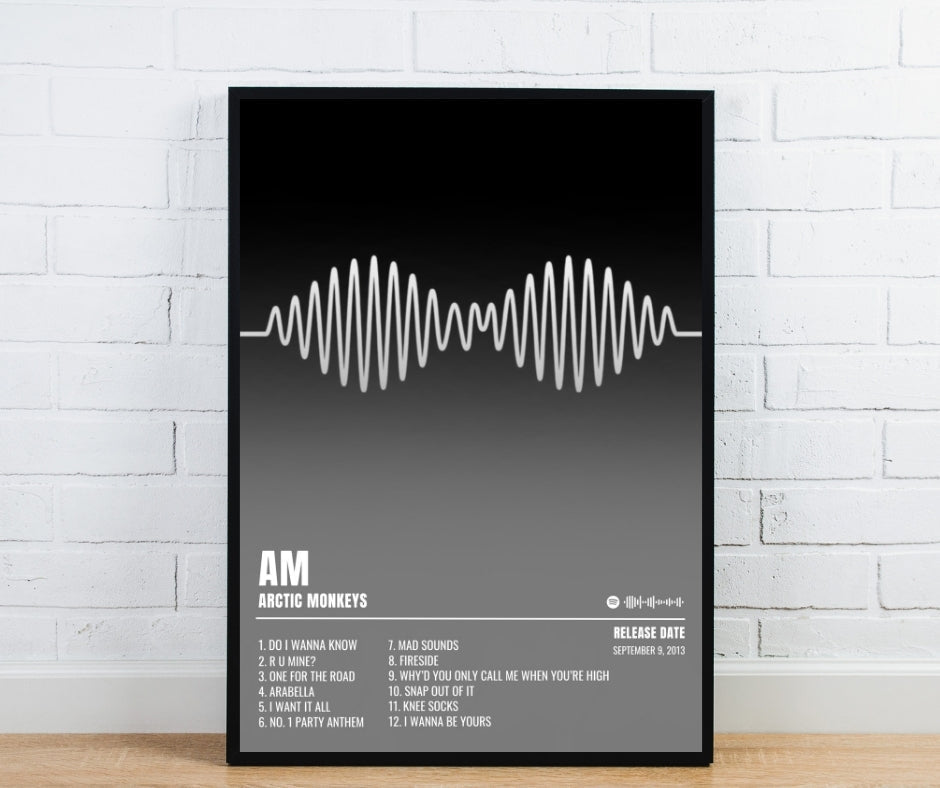 Black-framed arctic monkeys am album poster with white audio waveform and track titles gradient edition design