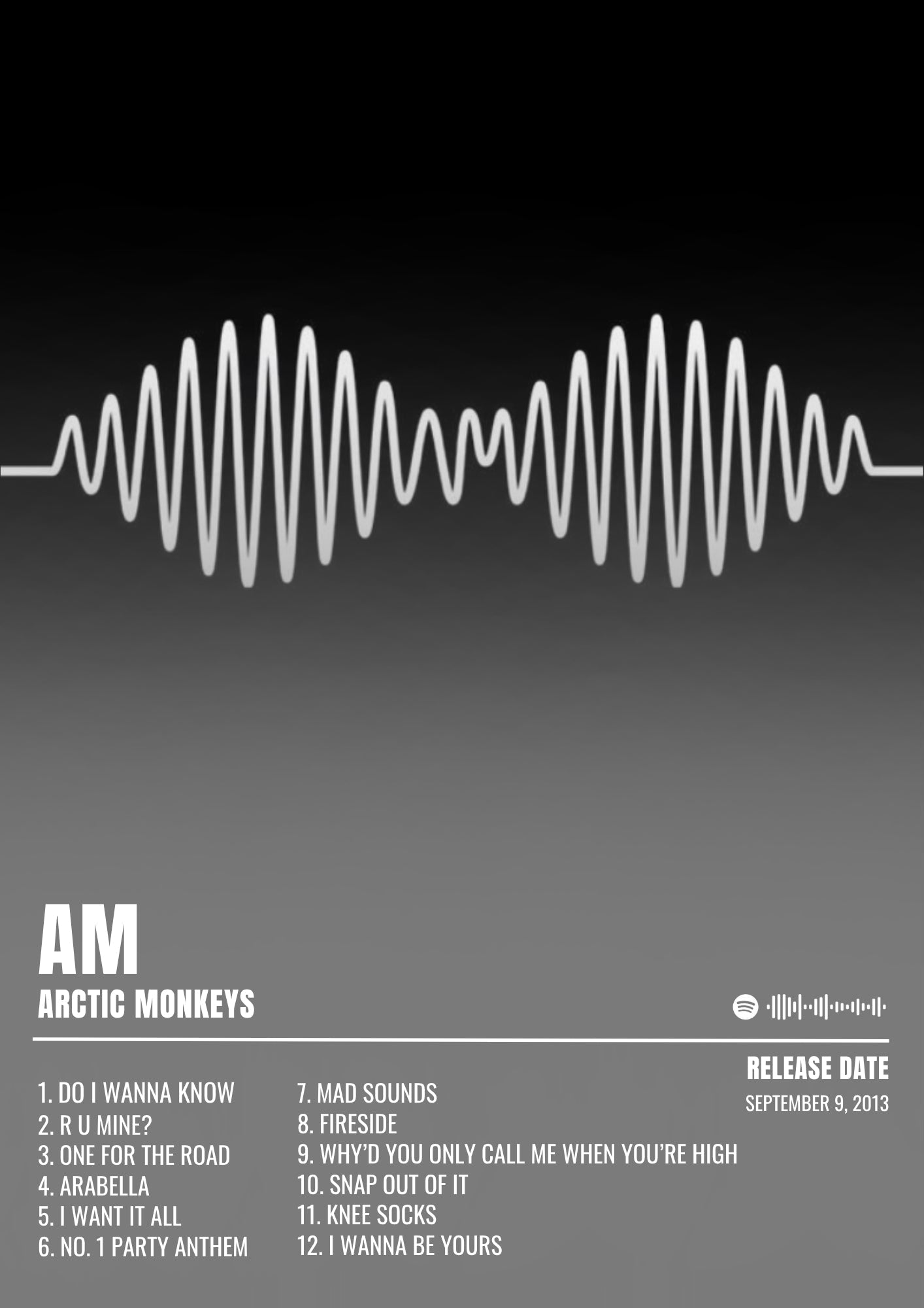 Black and white arctic monkeys am album poster featuring waveform design gradient edition for wall decor