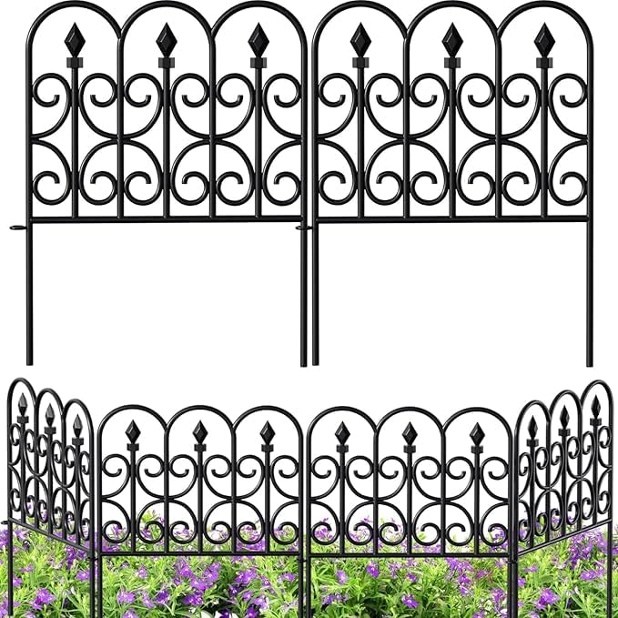 Black wrought iron amagabeli garden fence with scrollwork and pointed finials metal garden fence for outdoor use