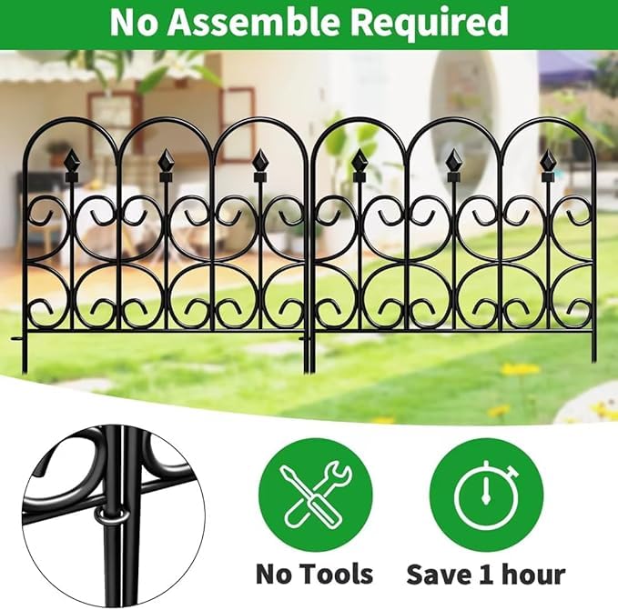 Black wrought iron amagabeli garden fence with ornate scrollwork and pointed finials metal garden fence 5 panels