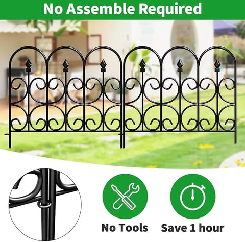 Black wrought iron amagabeli garden fence with ornate scrollwork and pointed finials metal garden fence 5 panels