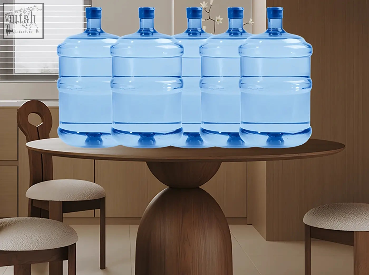 Five translucent blue water jugs on a wooden surface of amaia round pedestal dining table solid wood black