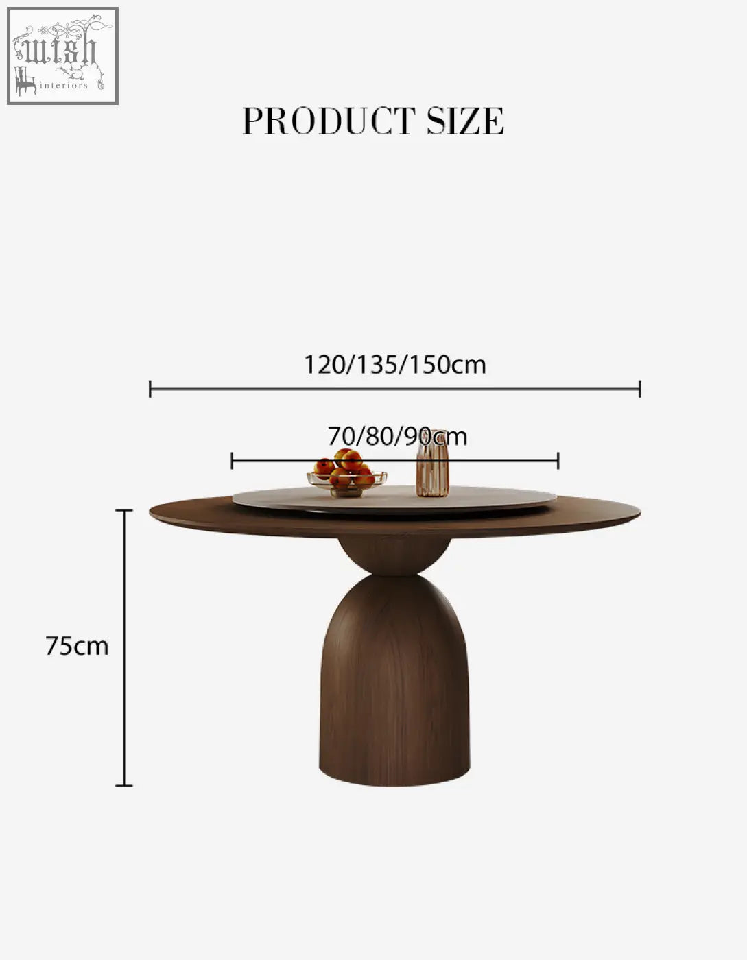Modern amaia round pedestal dining table in solid wood with a sleek rounded top and rich walnut finish