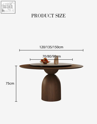 Modern amaia round pedestal dining table in solid wood with a sleek rounded top and rich walnut finish