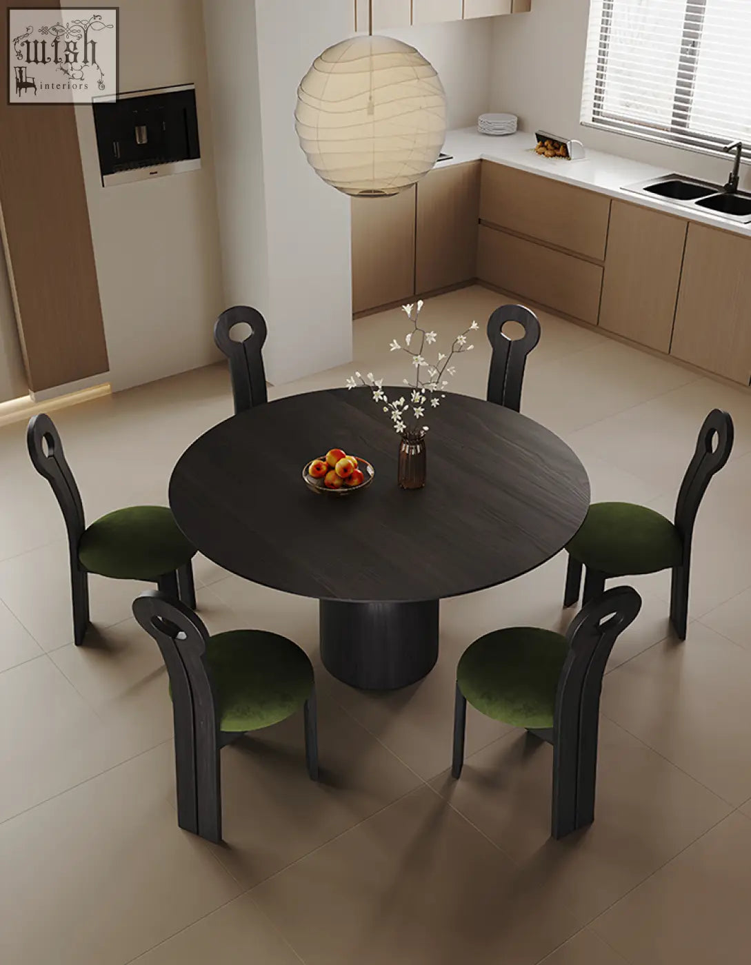 Black amaia round pedestal dining table made of solid wood with a sleek modern base and minimalist design