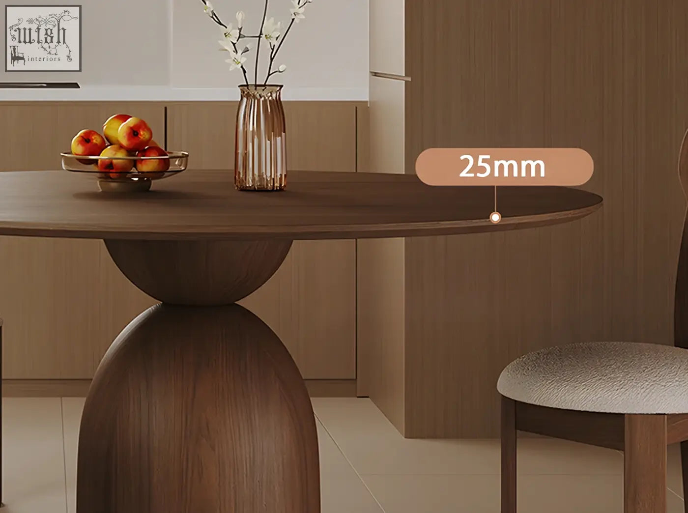A sleek amaia round pedestal dining table in solid dark wood with a modern sculpted base perfect for dining rooms