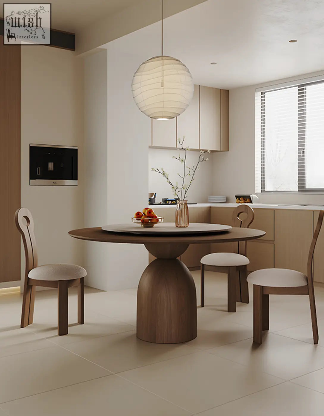 Warm-toned amaia round pedestal dining table with solid wood circular top and sleek rounded base in walnut finish