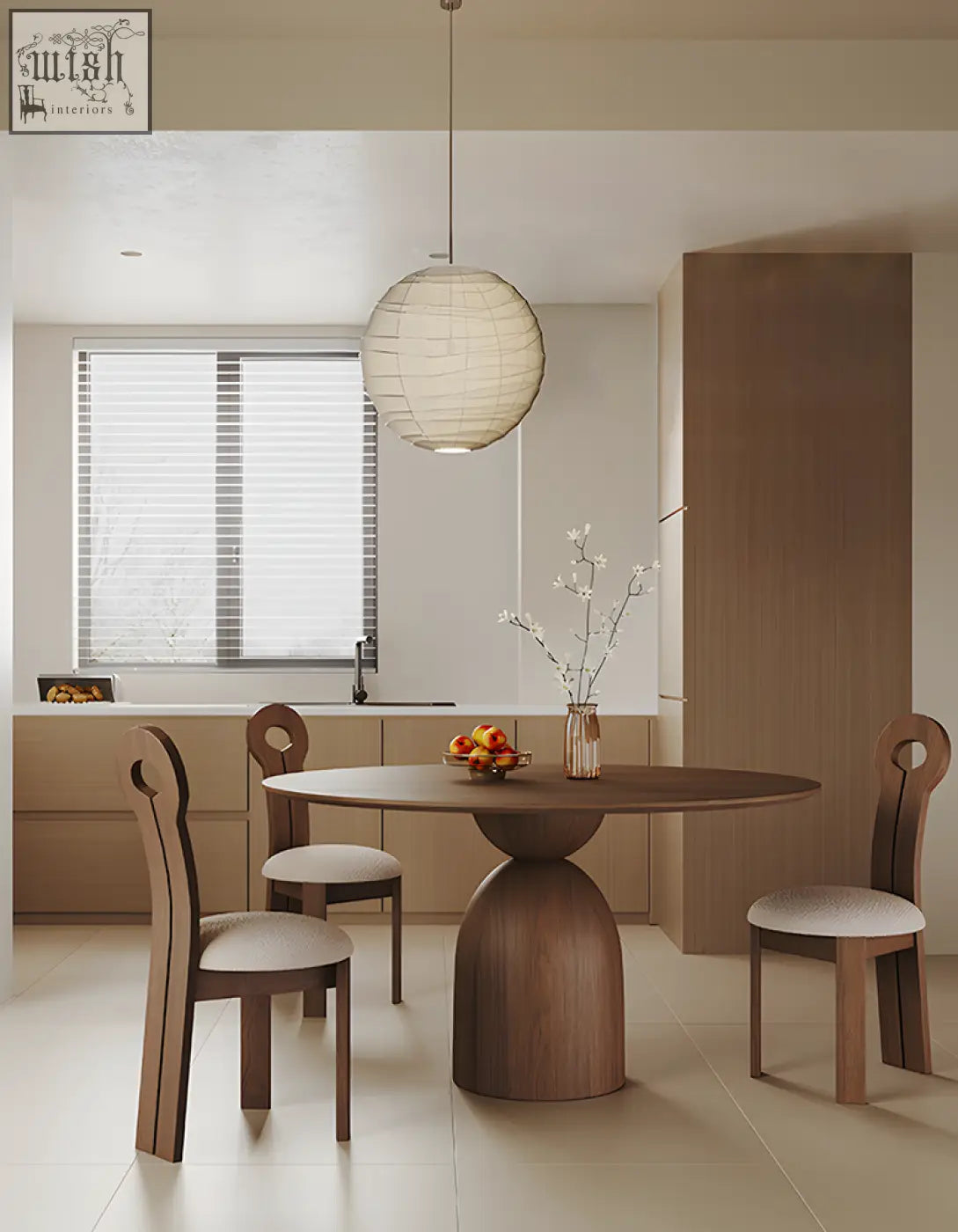 Amaia round pedestal dining table in solid wood with black finish and matching curved backrest chairs with upholstered seats