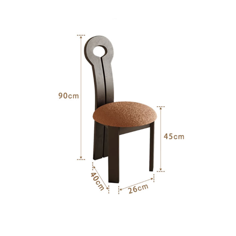 Dark wooden chair with circular backrest and brown cushioned seat paired with amaris dining table marble top