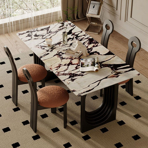 Amaris dining table with white and black marble top dark metal legs and brown upholstered chairs for dining room