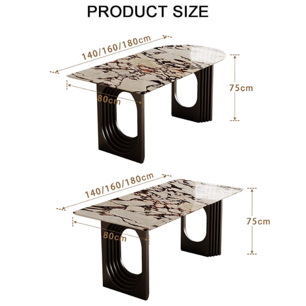 Modern amaris dining table with beige brown marble top and black metal legs featuring circular cutouts