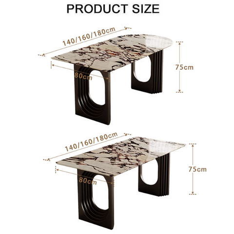 Modern amaris dining table with beige brown marble top and black metal legs featuring circular cutouts