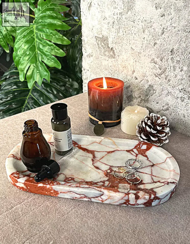 Amaryllis marble tray with white base and red veining holding small items perfect for marble tray lovers considering shipping cost or offer financing