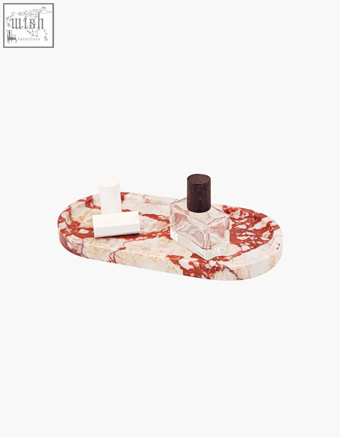 Red and white marble tray with a sleek design holding a glass perfume bottle and white container perfect for low shipping cost