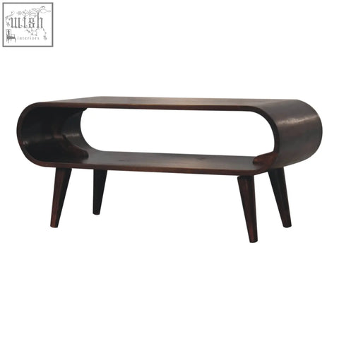 Dark brown wooden amaya light walnut coffee table with a sleek curved top and tapered legs for stylish living rooms