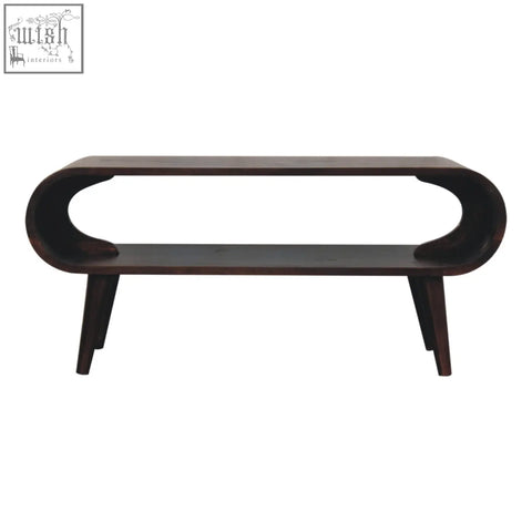 Dark brown wood amaya light walnut coffee table with sleek curved top and tapered legs for stylish living spaces
