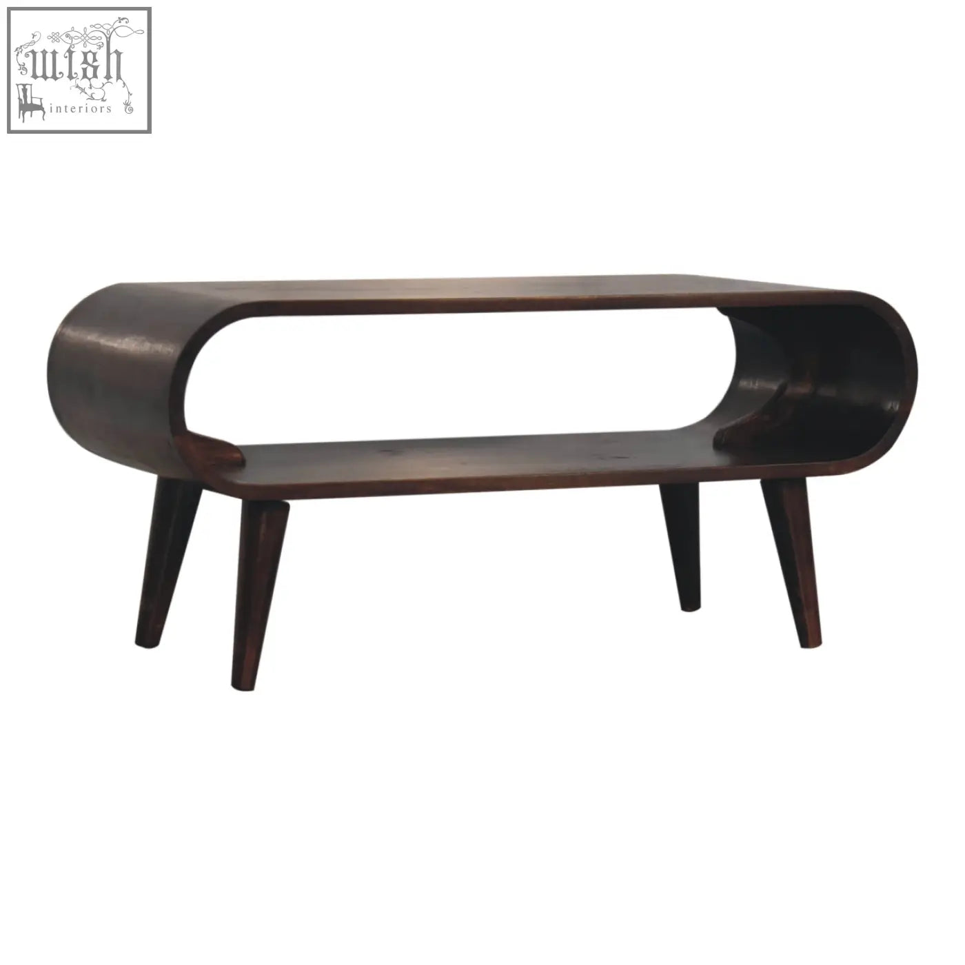 Dark brown wooden amaya light walnut coffee table with sleek curved design and tapered legs perfect for living room