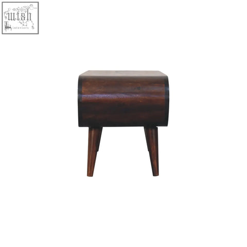 Dark brown wooden side table with curved top and tapered legs matching amaya light walnut coffee table style