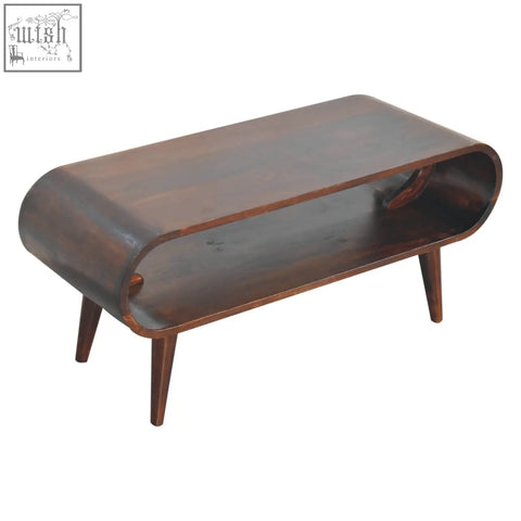 Amaya light walnut coffee table with a sleek curved wooden top and matching legs in light walnut finish