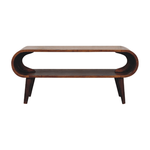 Amaya nordic style coffee table in chestnut mango wood with a sleek curved design and open center shelf