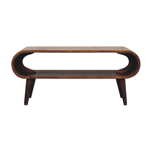 Amaya nordic style coffee table in chestnut mango wood with dark finish and sleek curved design featuring open shelf