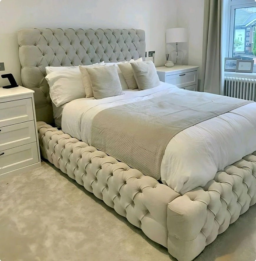 Beige ambassador bed with tufted upholstered headboard and footboard showcasing quality materials labour beds british design