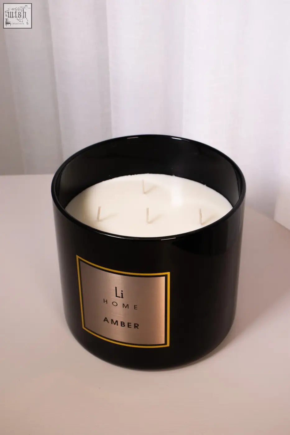 Black cylindrical li home amber candle jar with three white wicks in large candle collection luxury 3 wick 1kg candle