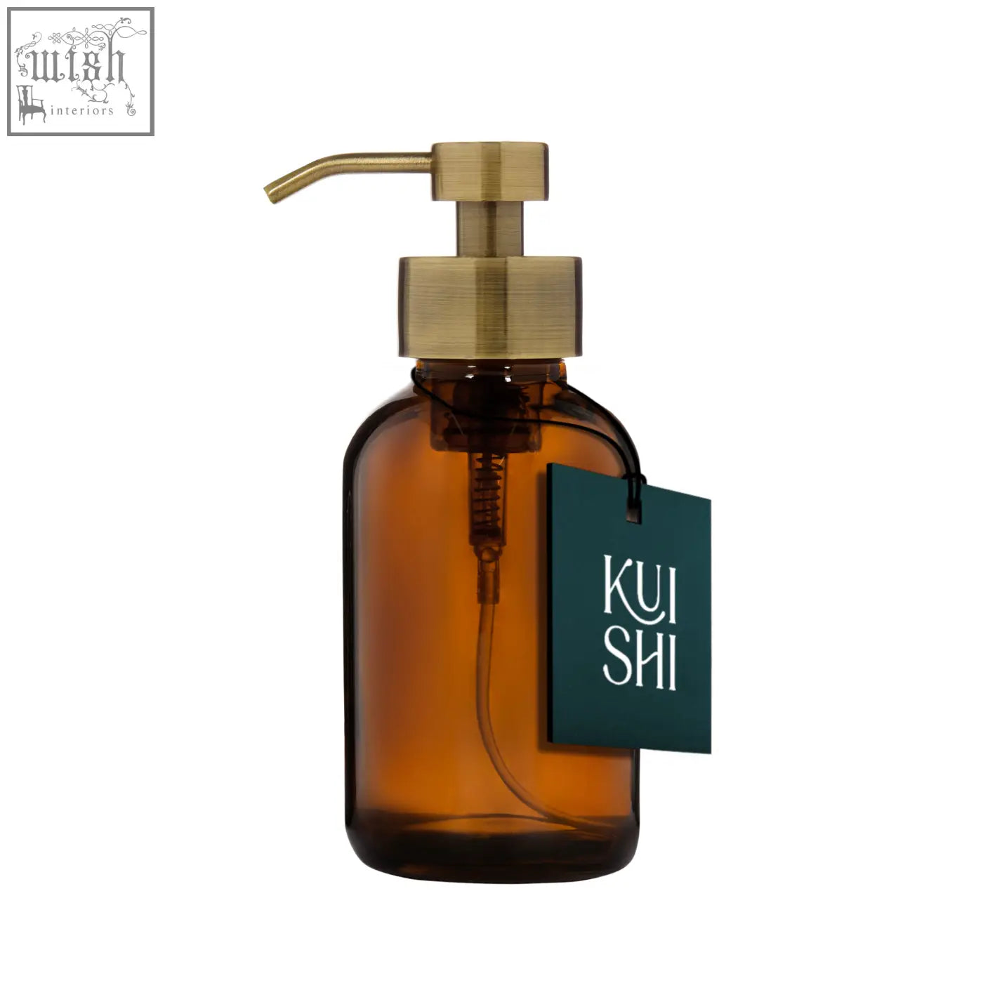 A sleek amber foaming hand soap dispenser with a brushed stainless steel pump and dark green kui shi tag