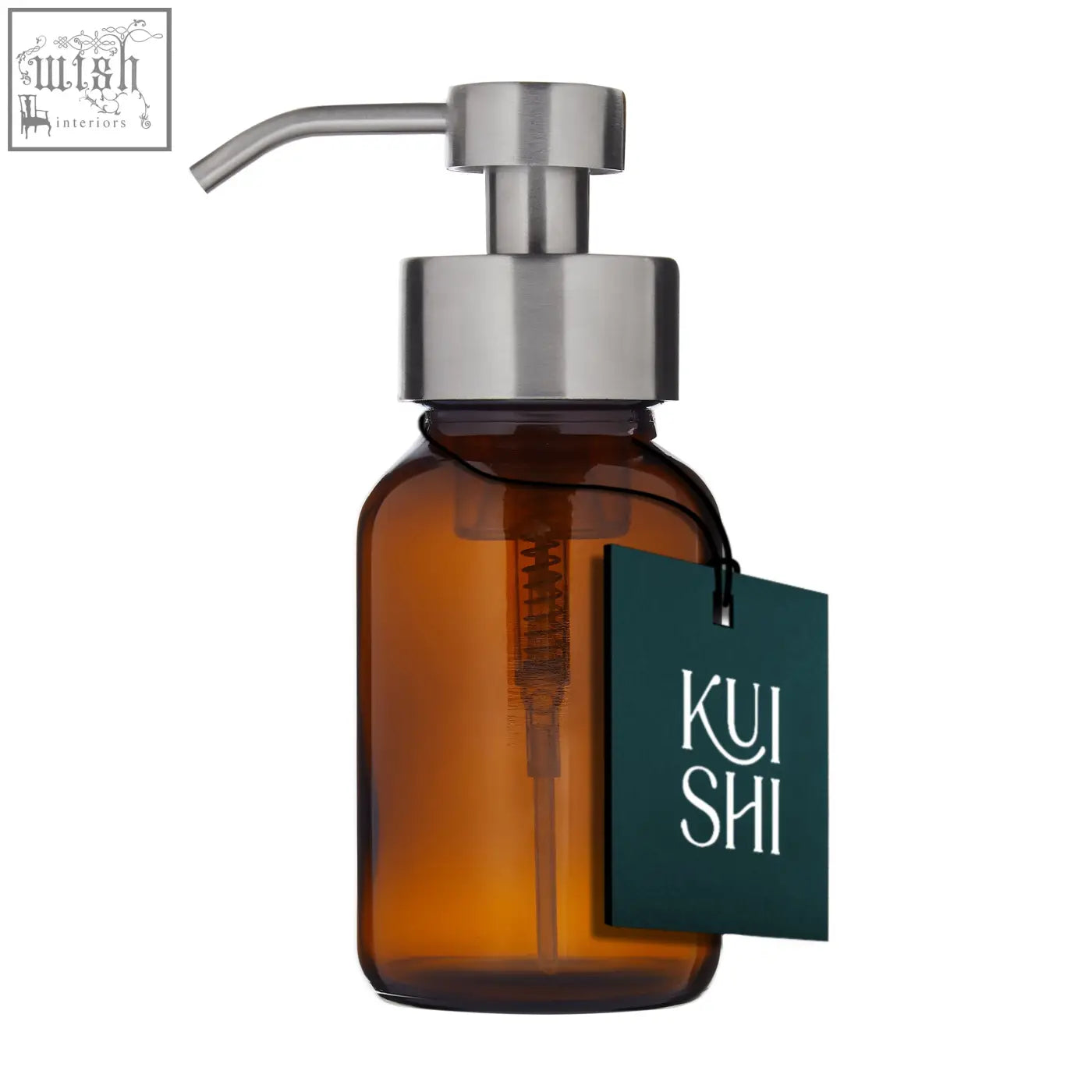 A sleek amber foaming hand soap dispenser with a stainless steel pump and a dark green kui shi tag