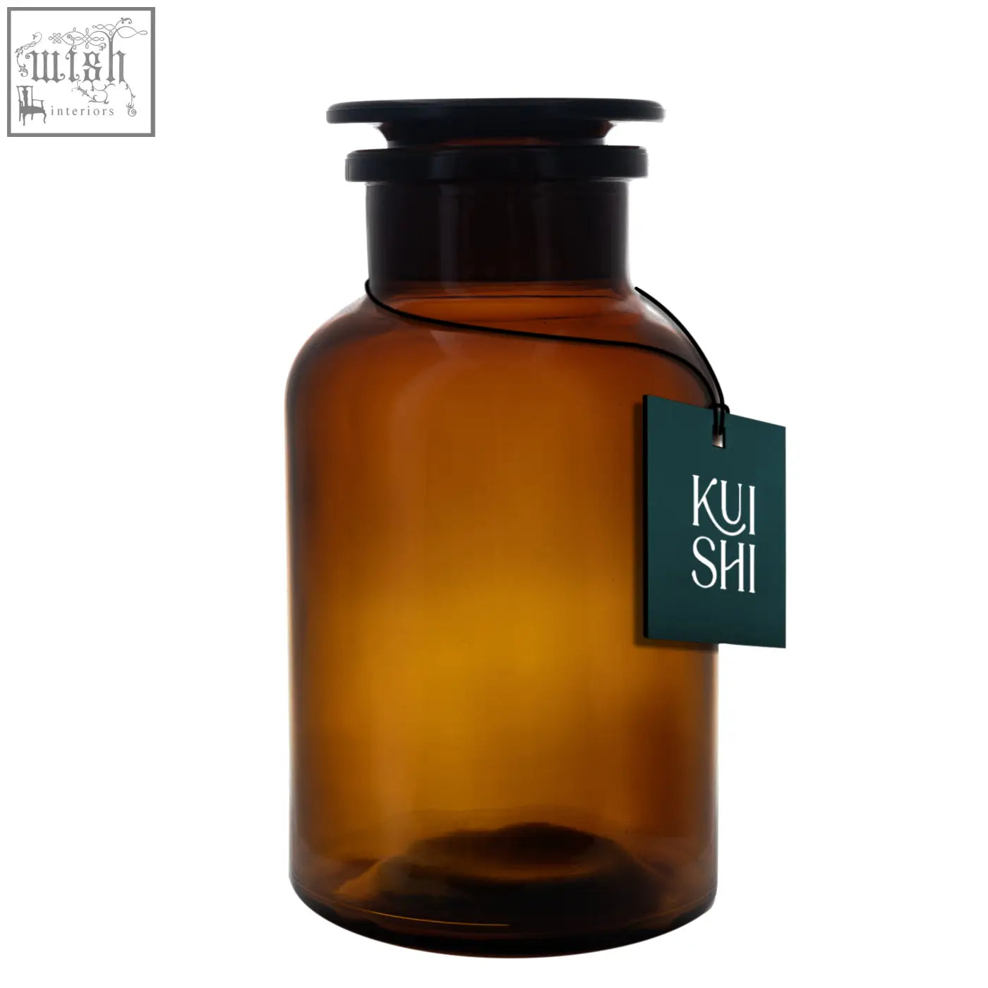 A sleek amber glass apothecary jar with black lid and kui shi tag among amber glass apothecary jars