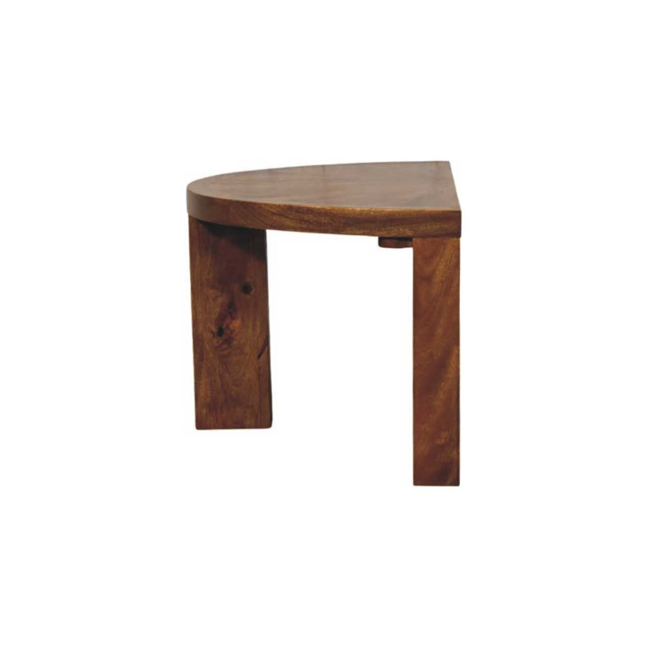 A rustic amber oak half moon coffee table with a warm brown finish and natural wood grain visible