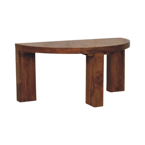 Rustic amber oak half moon coffee table with rich brown finish and sturdy rectangular legs perfect for cozy spaces