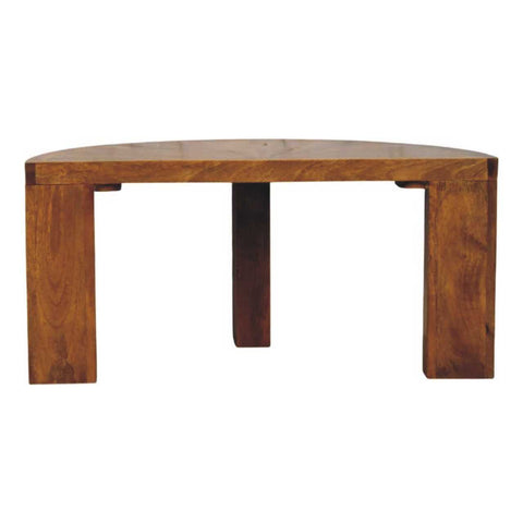 A rustic amber oak half moon coffee table with a warm brown finish and visible wood grain for cozy living spaces
