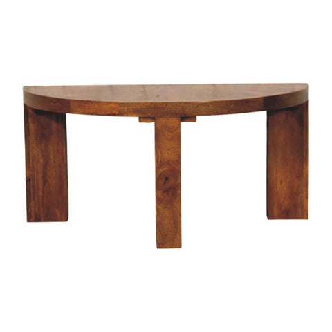Rustic half moon coffee table in amber oak with warm medium brown finish and sturdy rectangular wooden legs