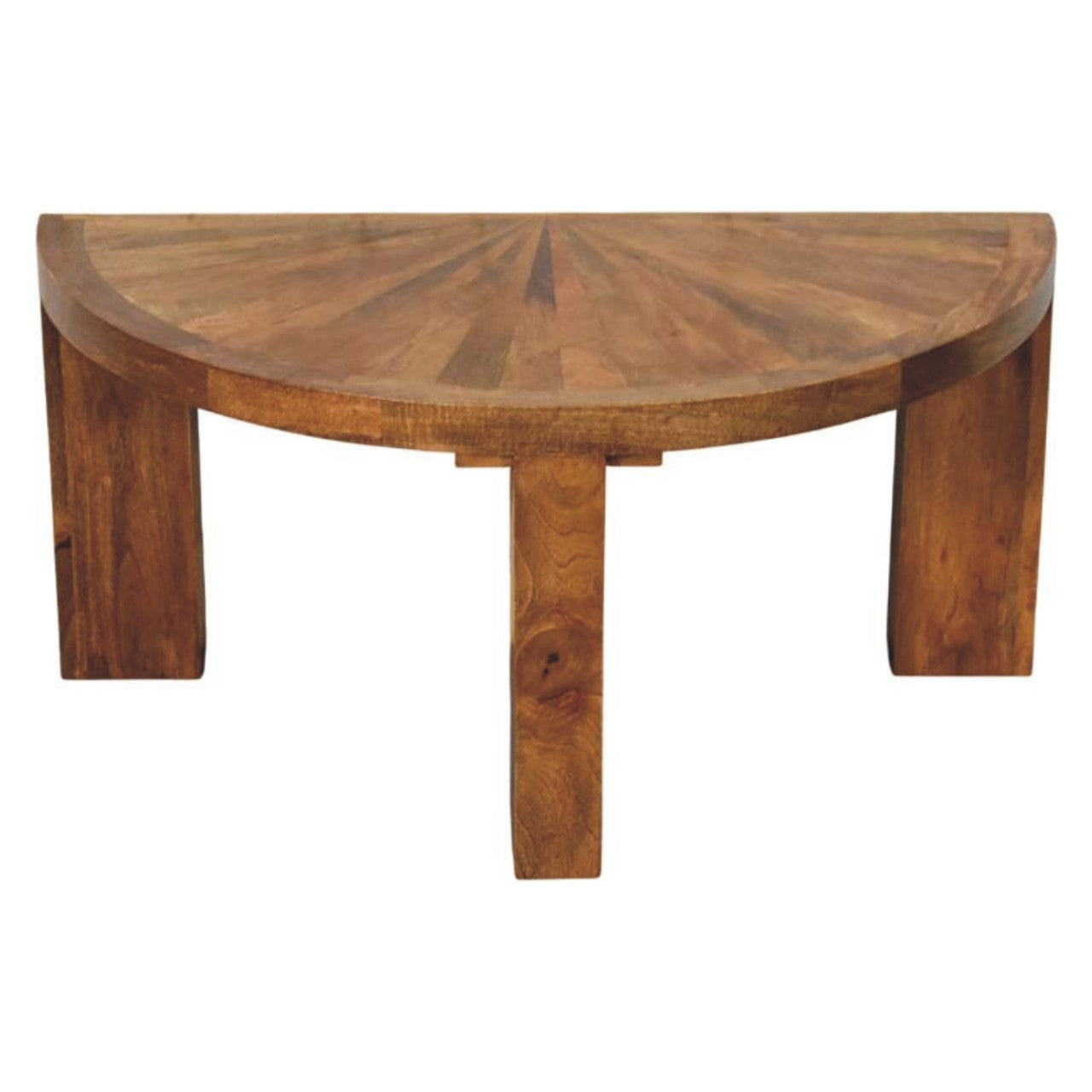 Half-moon shaped amber oak coffee table with warm brown finish and radial wood grain pattern perfect for dining rooms