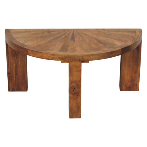 Half-moon shaped amber oak coffee table with warm brown finish and radial wood grain pattern perfect for dining rooms