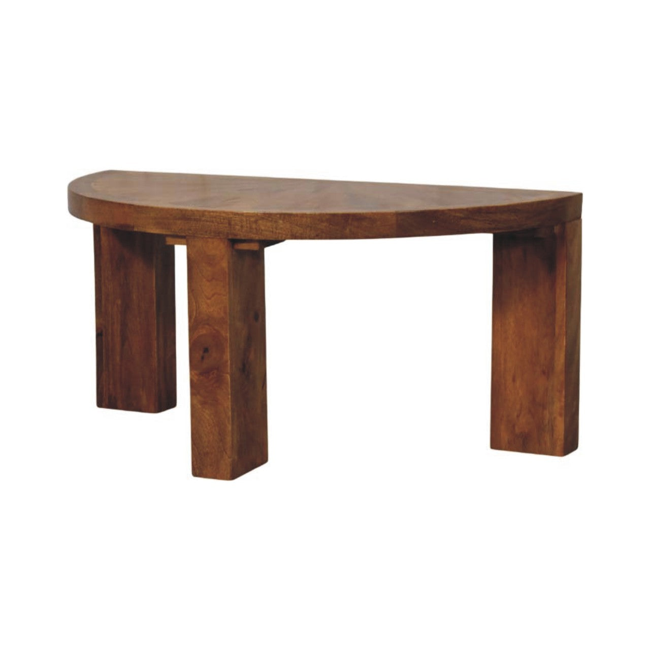 A sleek amber oak half moon coffee table with rich brown finish and sturdy rectangular wooden legs