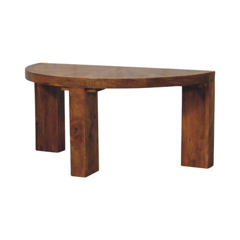 A sleek amber oak half moon coffee table with rich brown finish and sturdy rectangular wooden legs