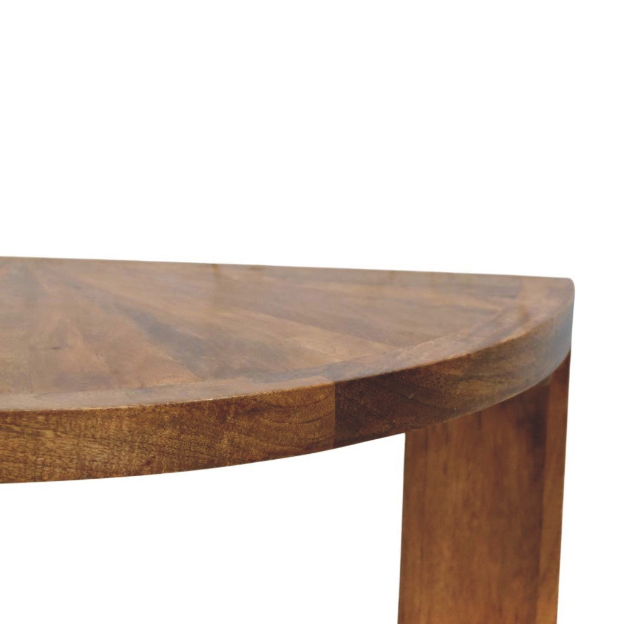 A warm brown amber oak half moon coffee table with a smooth polished surface and visible wood grain