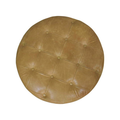 Tan leather round ottoman with tufted button detailing perfect as an amber oak coffee table accent piece