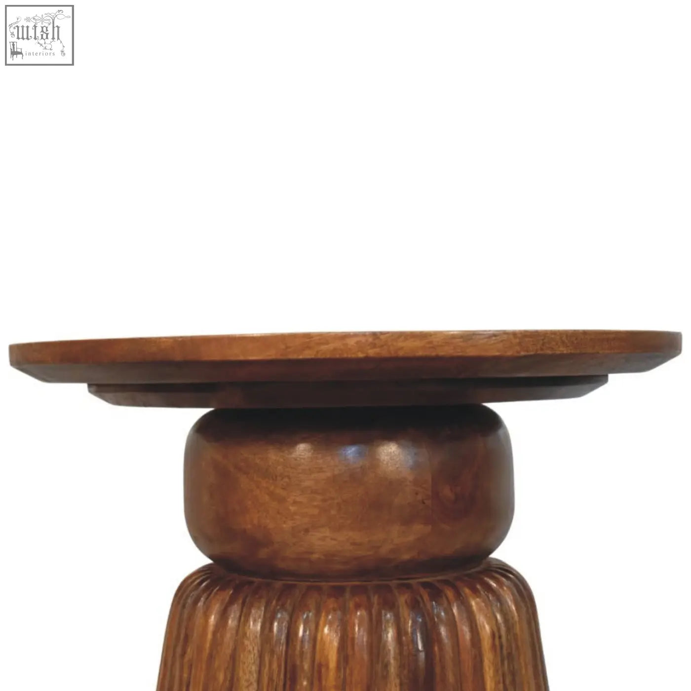 Hand carved amber oak round side table with smooth rounded top and fluted base perfect for living rooms