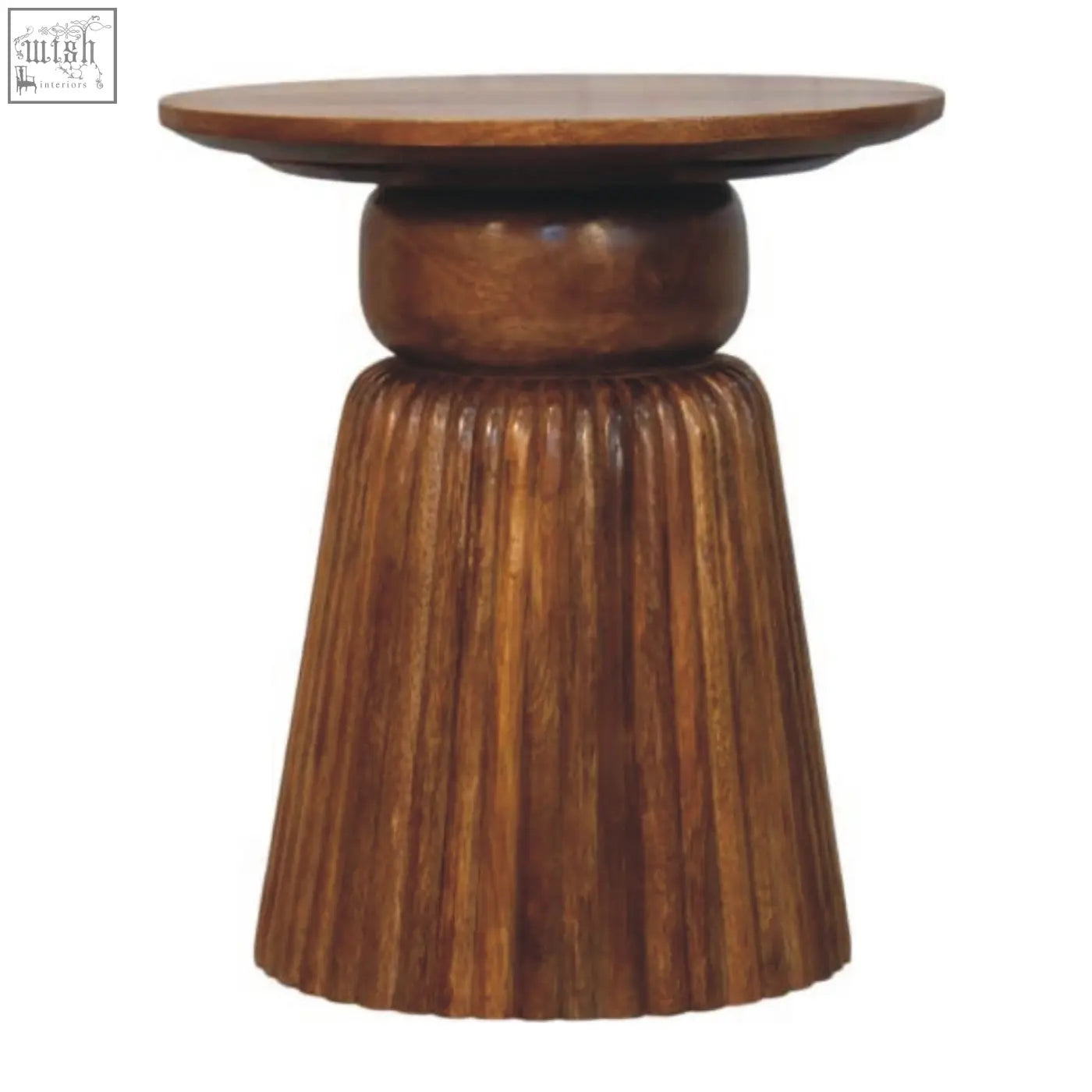 A rustic amber oak round side table with a smooth top and fluted tapered wooden base for cozy spaces