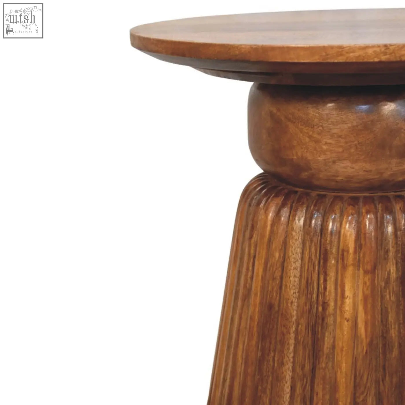 Amber oak round side table with warm medium brown wood, smooth circular top, and fluted pedestal base