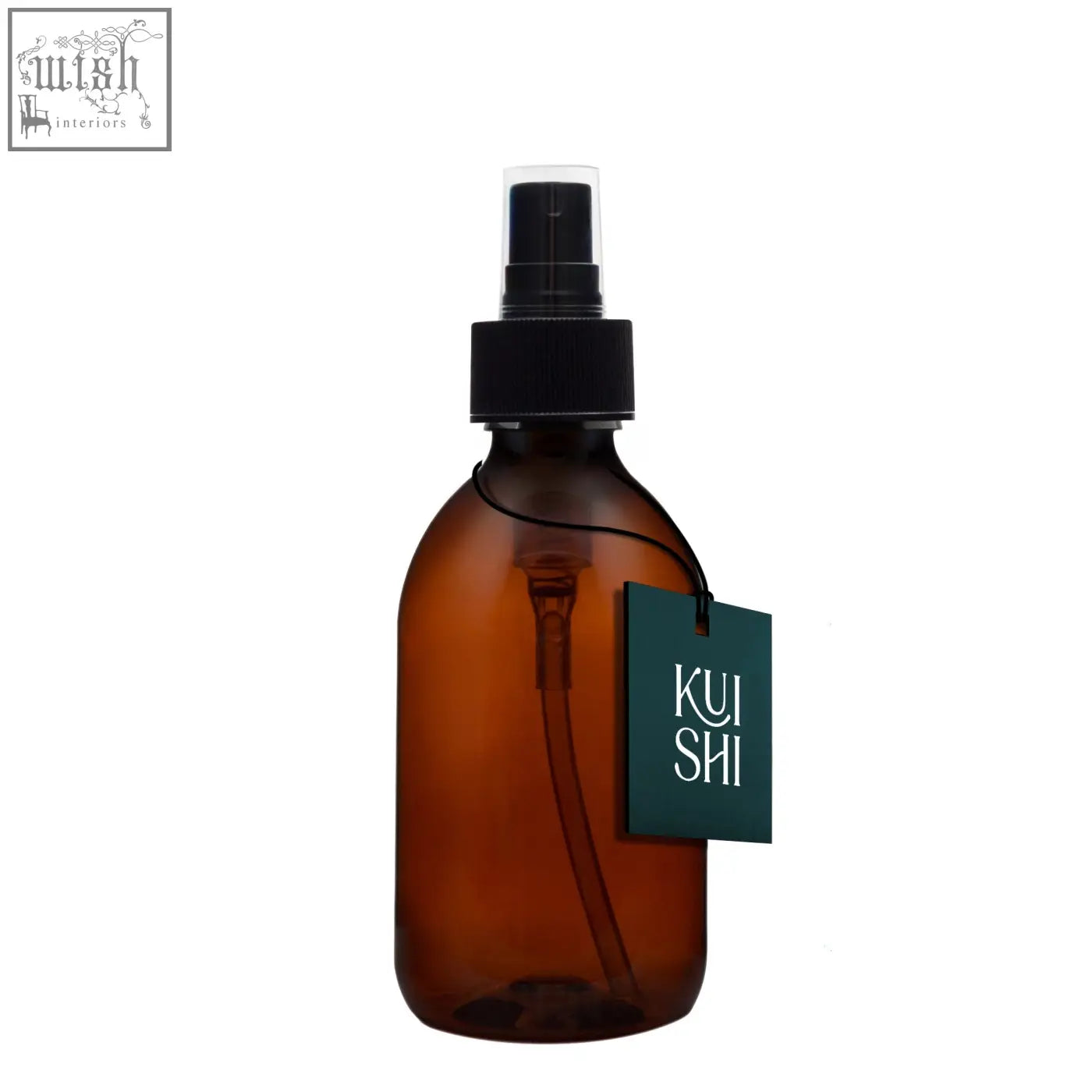 Amber plastic atomiser spray bottle with black pump and dark green kui shi tag perfect for misting liquids
