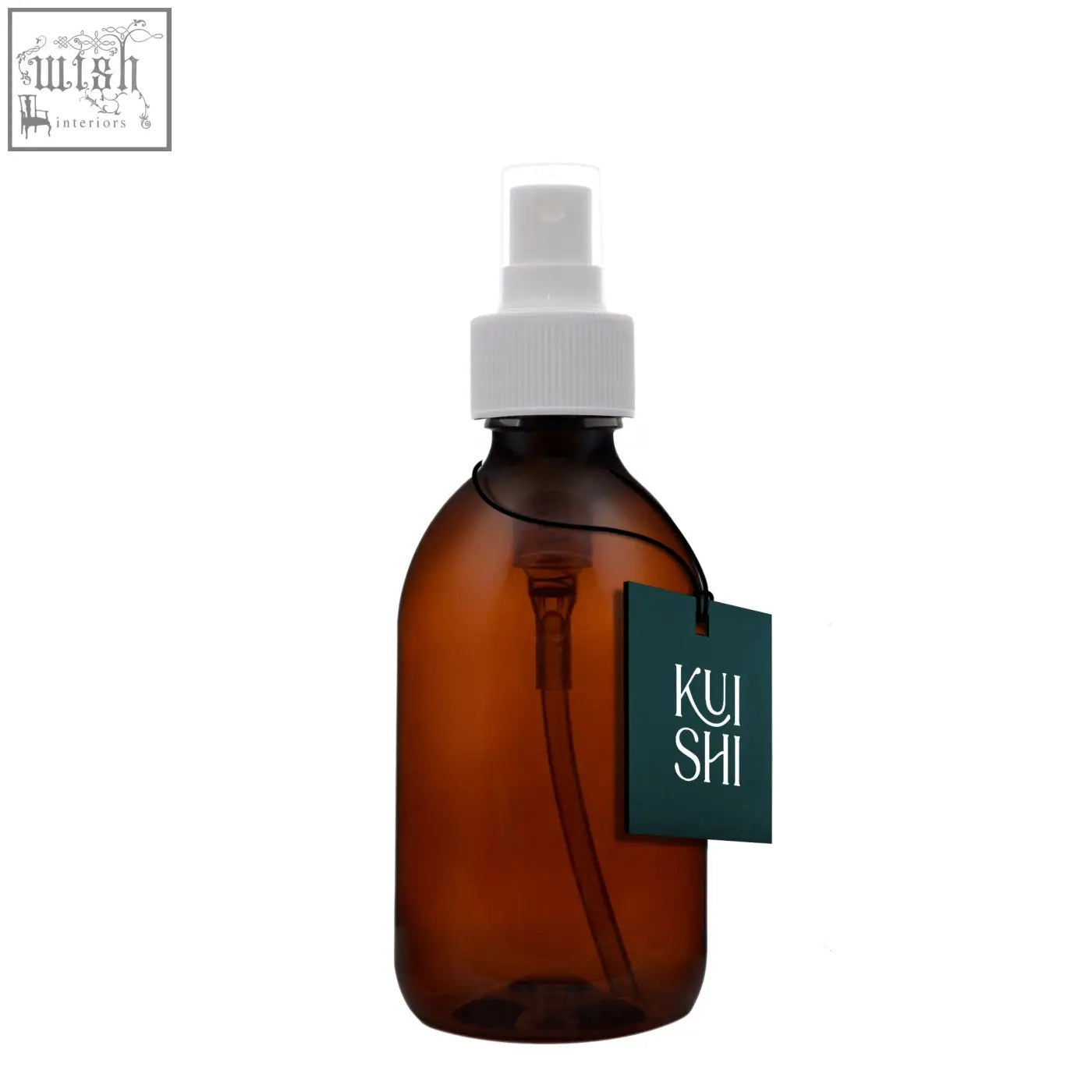 Amber plastic atomiser spray bottle with white nozzle and dark green kui shi tag on amber plastic bottle