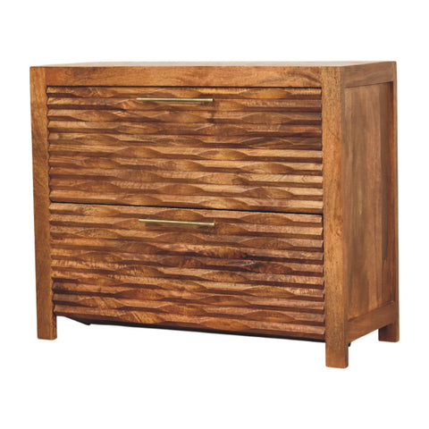 Brown wooden amber wavefront cabinet with textured wavy doors and brass handles for stylish storage