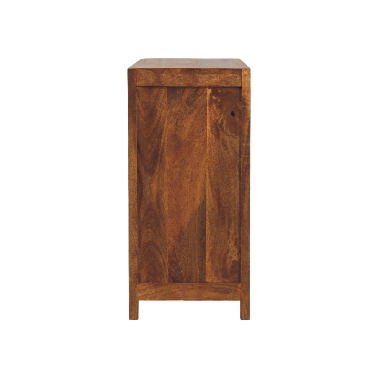 A rustic wooden side cabinet named amber wavefront with warm brown finish and natural wood grain patterns