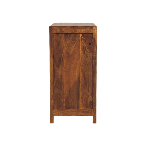 A rustic wooden side cabinet named amber wavefront with warm brown finish and natural wood grain patterns