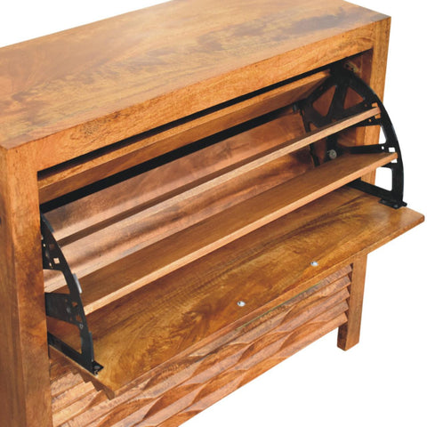 A rustic amber wavefront cabinet made of warm natural wood with black metal hinges and a sturdy shoe storage design